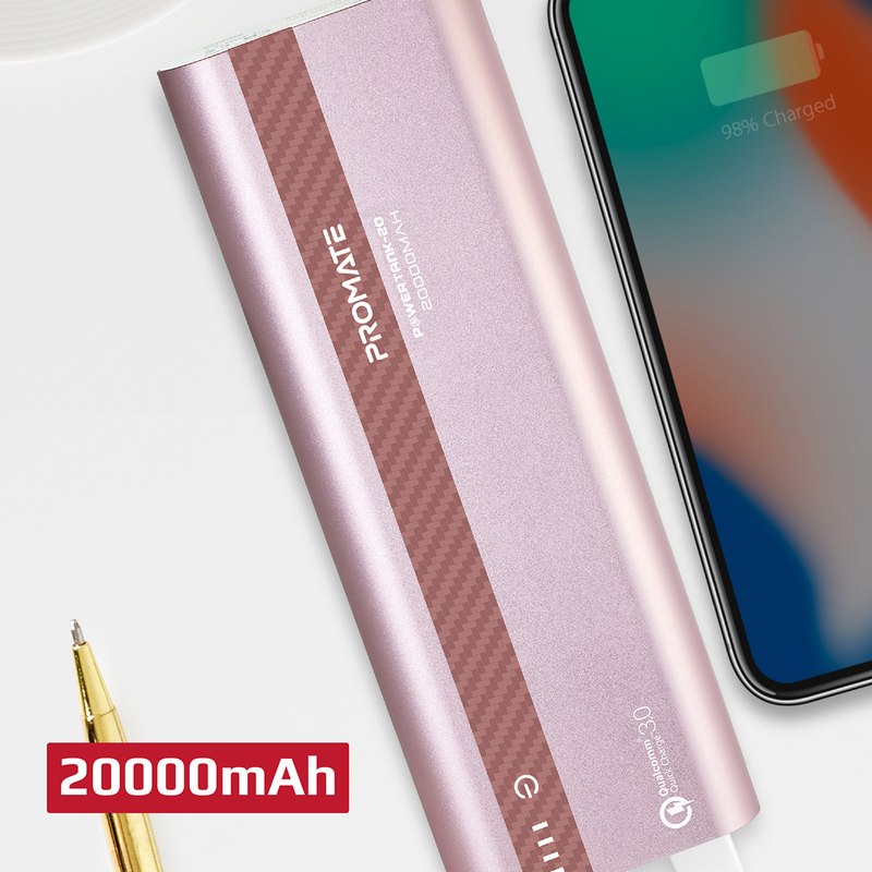 Promate 10000mAh PowerTank-20 Qualcomm QC3.0 Powerbank, Aluminium Portable USB Type-C Input/Output 18W Power Delivery, Over Charging Protection for iPhone XS/XS Max, Samsung S9+, iPad, Rose Gold